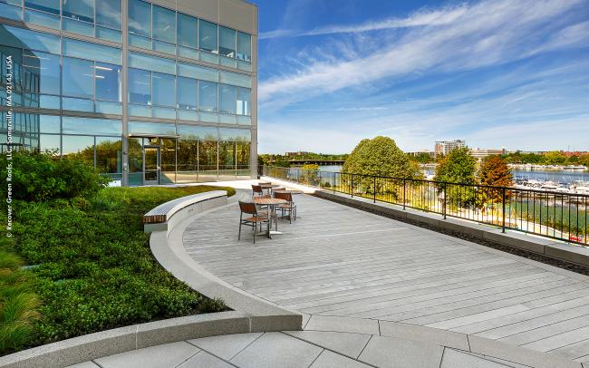 Roof garden with plant beds 